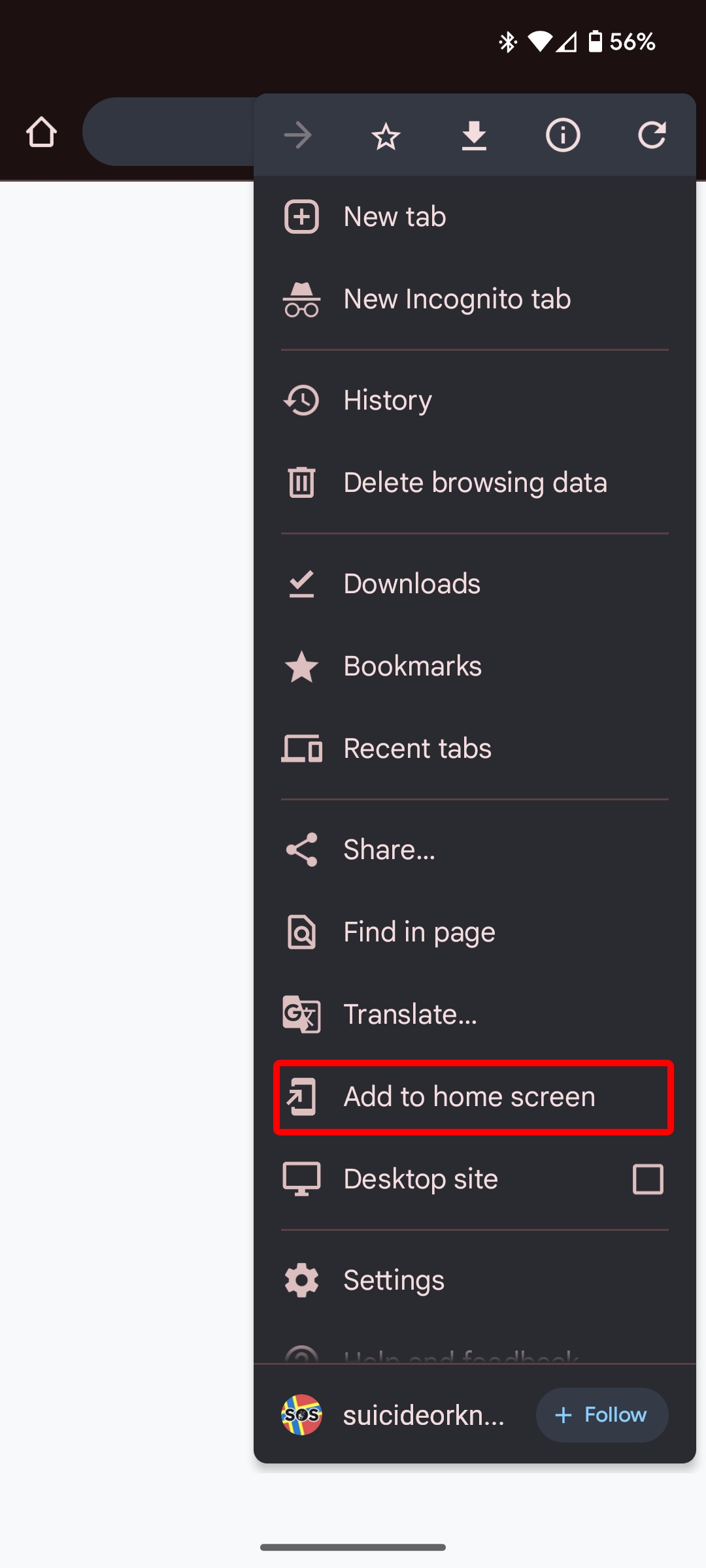 Menu with "Add to Home screen" option highlighted