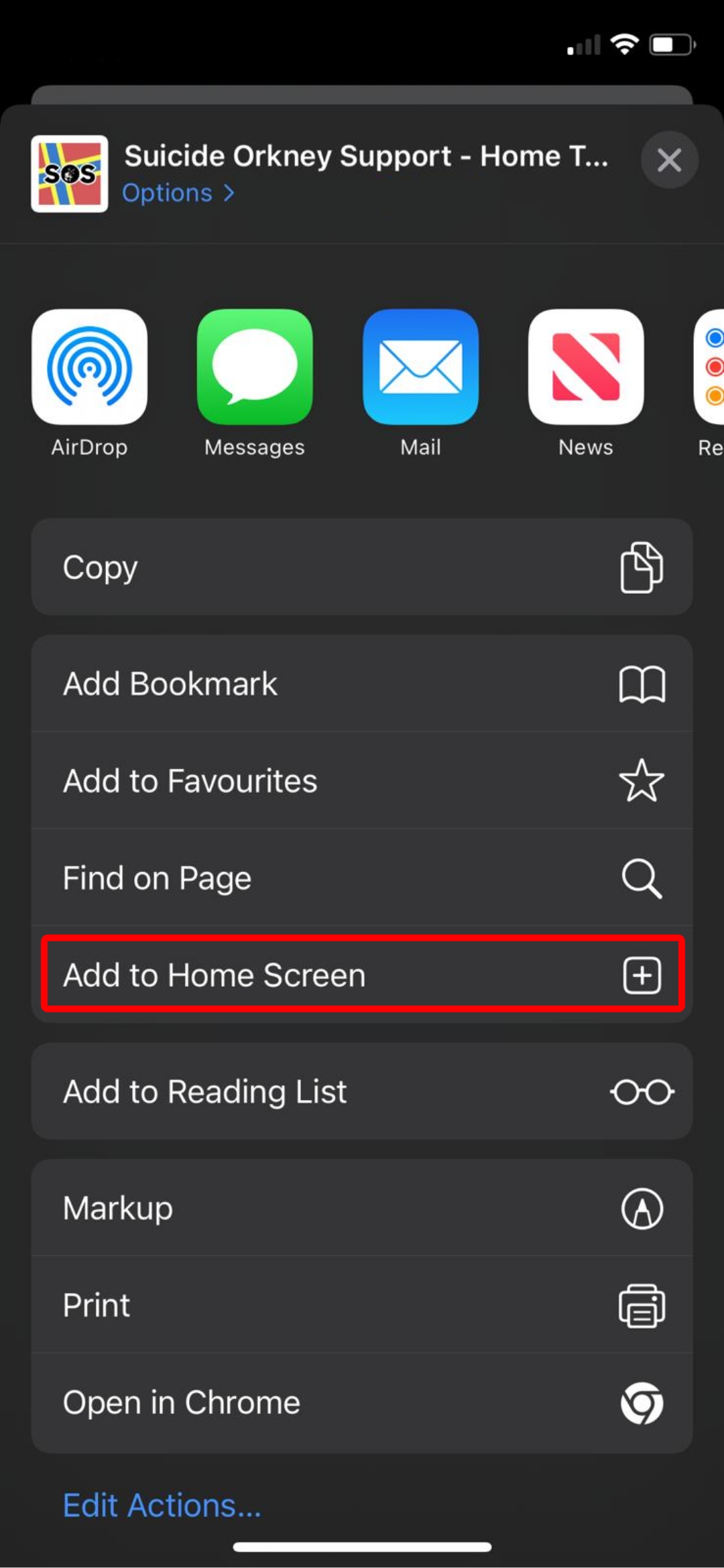 "Add to Home Screen" option highlighted in the share menu